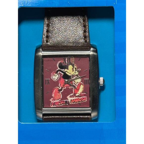 Disney Mickey Mouse Watch New in Box, Square with brown Leather wrist band - Picture 1 of 4